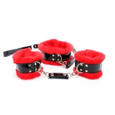 Набор БДСМ Арсенал наручники и поводок с мехом, Кожаные, Красный